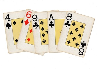 A hand of vintage playing cards isolated on a white background.