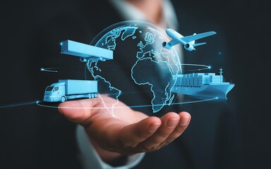 Hand holding globe with transportation vehicles representing global logistics and shipping