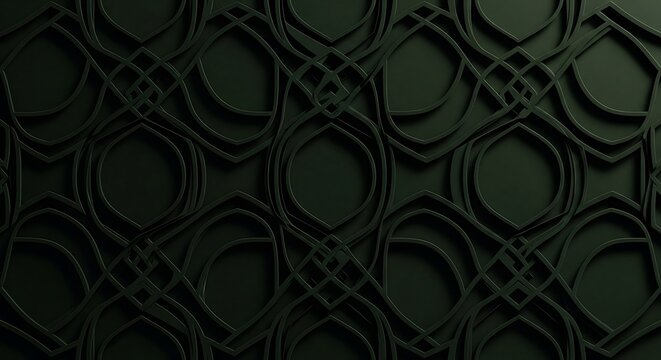 Dark geometric pattern with intricate interwoven lines and subtle hexagonal shapes creating a mysterious and elegant background.