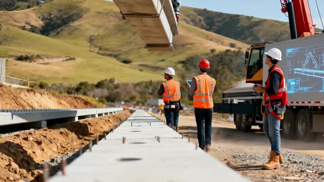 Close medium shot of engineers inspecting the rapid assembly of modular precast bridge sections over varying terrain focusing on teamwork and innovative construction methods.