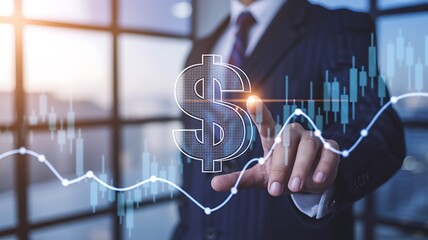Man in suit interacts with a digital dollar symbol and stock market data visualization