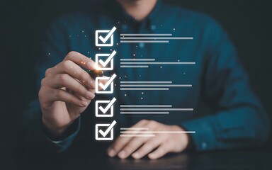 Person checking off items on a digital to-do list with a glowing pen checklist task