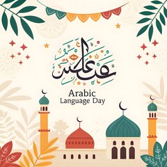 Naklejka premium Eid Mubarak Celebration with Mosque and Arabic Calligraphy Illustration