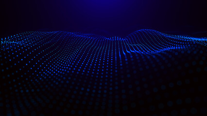 An abstract colorful wave of glowing dots that creates the illusion of moving waves on a dark background. The visualization resembles a dynamic vector 3D wave that combines technology, art of the