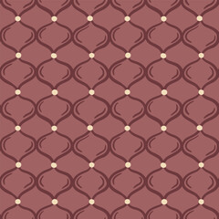 Fototapeta premium Seamless vector ogee pattern with quilted diamond shape and white dots on a muted reddish brown background. Elegant vintage geometric design for textile, wallpaper, wrapping paper