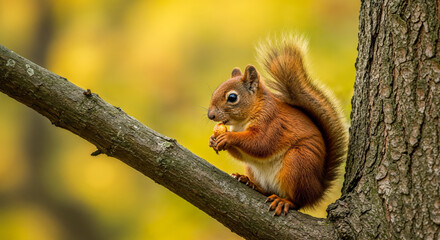 Obraz premium Squirrel sitting on a tree branch eating a nut during autumn in a forest setting