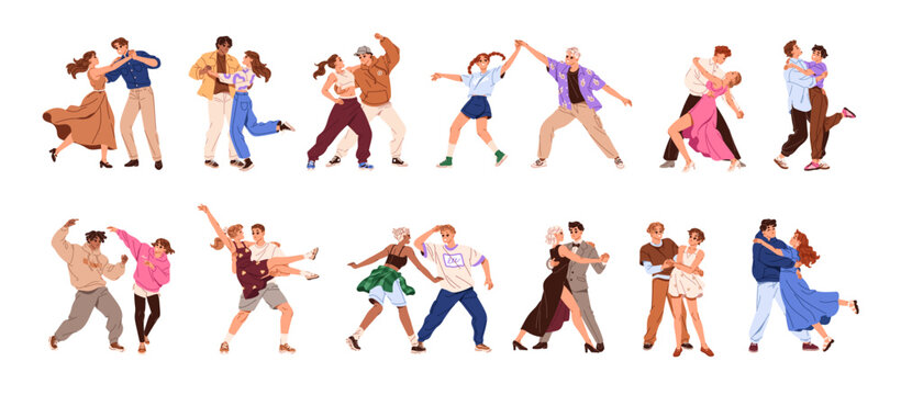 Set of different dancing pairs. Happy couples of dancers perform step, swing and waltz. Talented people move by music, show performances. Flat isolated vector illustrations on white background.