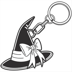 A simple vector illustration of a classic witch hat charm attached to a metal keyring, perfect for magical or Halloween-themed designs