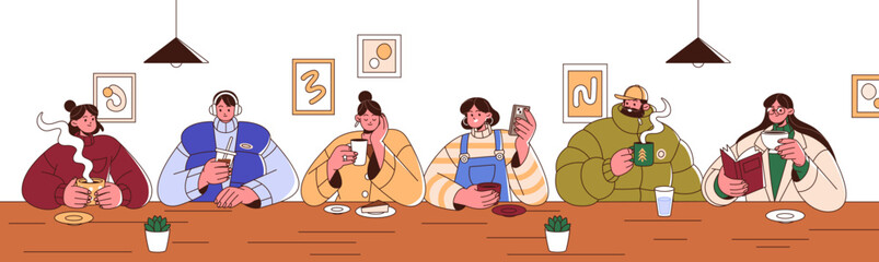 People drink coffee at the table in coffeehouse. Happy men and women with cups of tea and hot beverages sit at the bar counter in coffeeshop. Flat isolated vector illustration on white background.