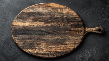 Rustic dark wooden cutting board on a black stone countertop background