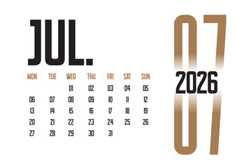 Bold July 2026 calendar page design featuring warm tones and sleek numbers, ideal for modern aesthetic projects.
