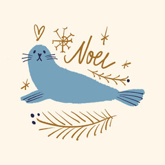 Nursery boho patterned narwhal unicorn fluffy fur seal animal in minimalistic Scandinavian style. Noel lettering editable elements, fairy tale little sweet childish character. Night sky snowflakes