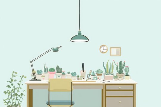 A serene workspace adorned with various potted succulents, featuring a desk lamp and clock