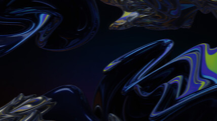 Abstract iridescent fluid wave with blue colors flowing in the dark space with a black background