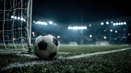 Soccer ball on the field at night with stadium lights in the background