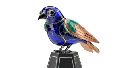 Intricate clockwork avian automaton, polished sapphire glass body, burnished copper wings, malachite eyes, on geometric basalt pillar, transparent background, concept of timeless sentinel