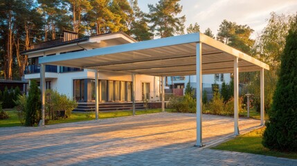 Obraz premium Soft sunlight bathes a sleek carport and stylish home surrounded by vibrant nature.
