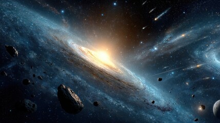 Spectacular space scene with galaxy, stars, asteroids and planets in cosmos