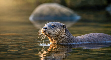 Otter swimming in calm water with reflections during golden hour in natural habitat