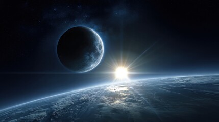 Sunrise over planet earth with moon in space and stars in the background
