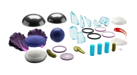 Conceptual art: deconstructed cheeseburger, geometric elements, white background, flat lay, stark lighting, sharp focus. Concept of modern deconstruction, synthetic forms