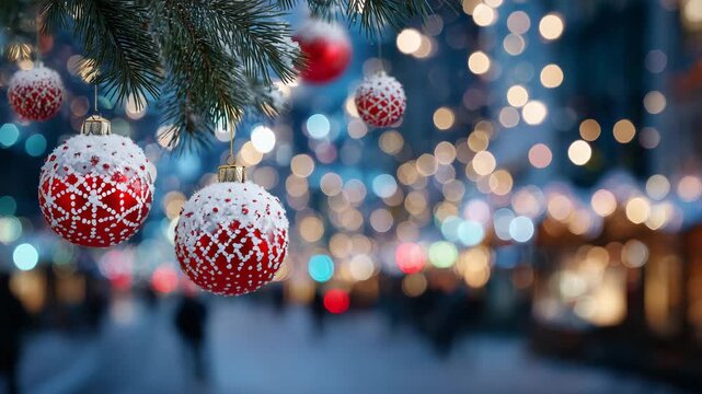 134Close-up of snowy Christmas tree ornaments lit by glowing bulbs, city street blurred into magical holiday bokeh, seasonal charm with room for text