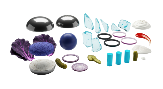 Conceptual art: deconstructed cheeseburger, geometric elements, white background, flat lay, stark lighting, sharp focus. Concept of modern deconstruction, synthetic forms