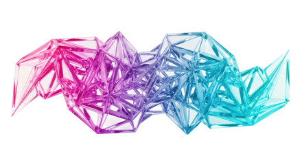 Intricate abstract geometric composition with interlocking, faceted planes, neon pink to electric cyan gradient, crystalline, semi-transparent, on white, concept of sleek technological innovation