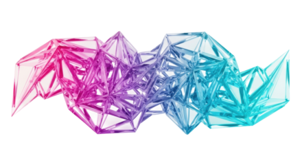 Intricate abstract geometric composition with interlocking, faceted planes, neon pink to electric cyan gradient, crystalline, semi-transparent, on white, concept of sleek technological innovation