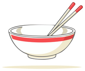 Cartoon illustration of empty white bowl with red band and chopsticks ready for food.