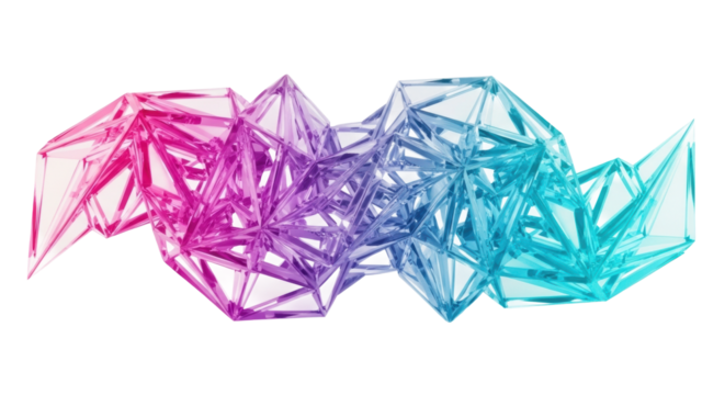 Intricate abstract geometric composition with interlocking, faceted planes, neon pink to electric cyan gradient, crystalline, semi-transparent, on white, concept of sleek technological innovation