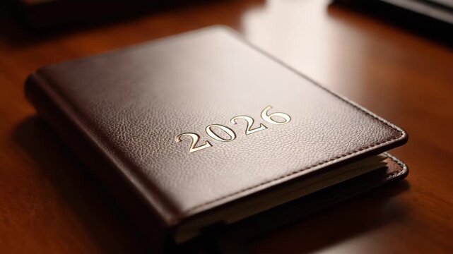 2026 Leather Bound Planner - A leather-bound 2026 planner sits on a glossy wooden desk. The cover is embossed with the year 2026 in gold lettering.