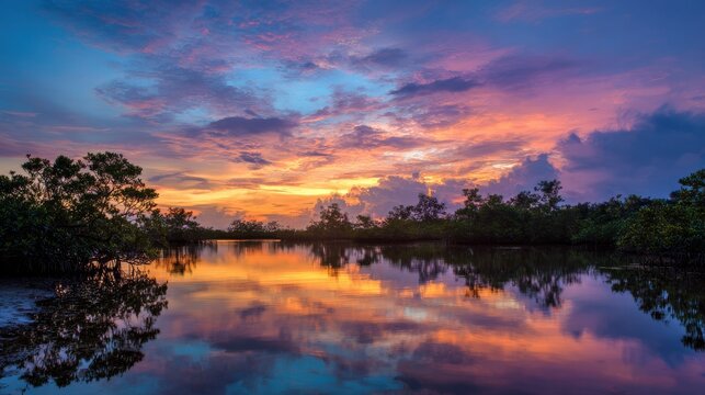 Sunset over the florida everglades with colorful reflections in the water
