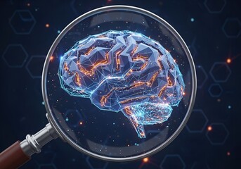 Artificial intelligence concept showing digital human brain under magnifying glass, symbolizing deep learning and neuroscience research