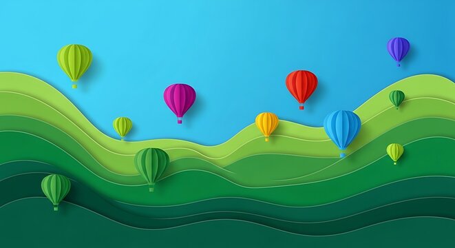 Colorful Hot Air Balloons Floating Over Lush Green Hills in Paper Cut Style.