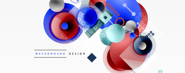 Obraz premium Abstract geometric shapes overlap, creating dynamic colorful composition. Red, blue, teal dominate design. Minimal text present.