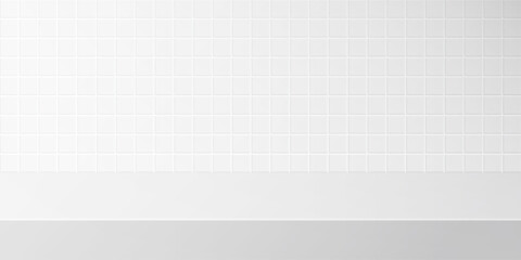 Bathroom or kitchen scene with white table and tiles. Background with pattern of square ceramic tile. Clean scene studio for product display. Vector illustration