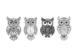 Four Stylized Decorative Owls with Intricate Patterns