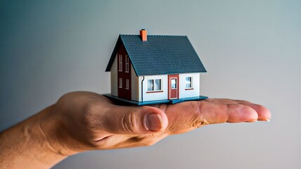 Human hand holding small model house symbolizing real estate investment and home ownership
