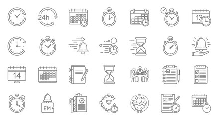 Time Management and Schedule Line Icons Set. Vector Outline Collection of Clock, Calendar, Deadline, and Productivity Symbols.