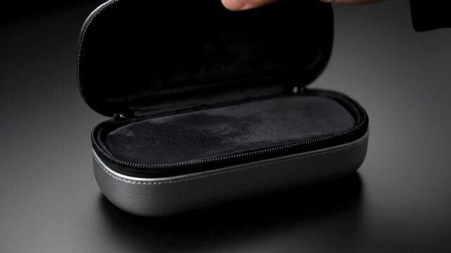 Silver Case Opening - A person's hand is placed on top of a closed silver case, presumably about to open it. The case features a black zipper closure.