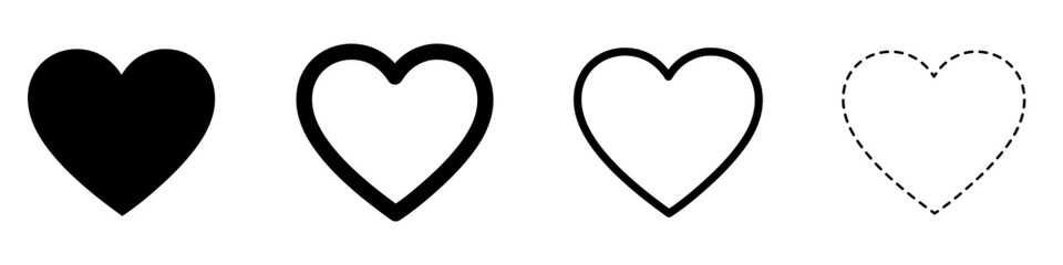 Set of heart icons in different styles: solid, thick outline, thin outline and dotted line. Black icons isolated on white background. Vector illustration.