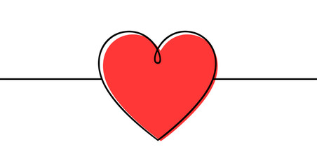 Red heart drawn with one continuous line. Colored illustration with black outline, isolated on white background. Vector illustration.