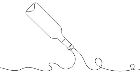 Bottle pouring wine drawn with one continuous line. Black outline illustration isolated on white background. Vector illustration.