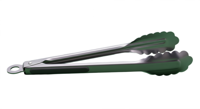 Studio shot of metal kitchen tongs with scalloped edges elegantly resting on a clean green surface.