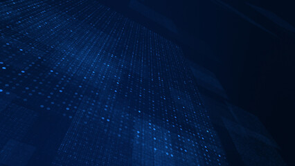Abstract digital background with a grid of blue dots and lines in perspective. Represents technology, data, network, or science concepts.