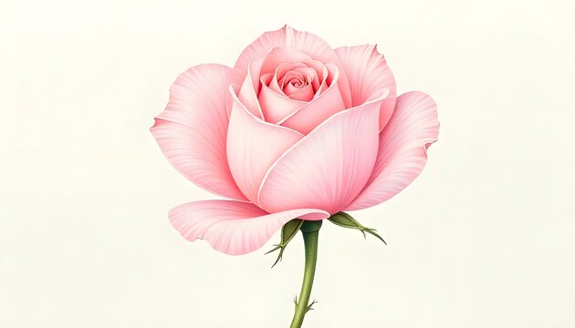 Detailed, graceful pink rosebud on a stem against a soft, cream-colored backdrop.