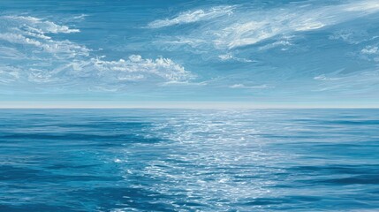 Obraz premium Endless blue sea stretches to the horizon with clouds drifting in a clear sky above.