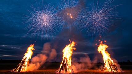 Bonfire and fireworks in night sky celebrating festival or holiday event
