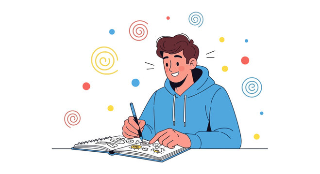 Creative Conceptualization: A Young Man Illustrating Ideas on Paper with Colorful Decorations